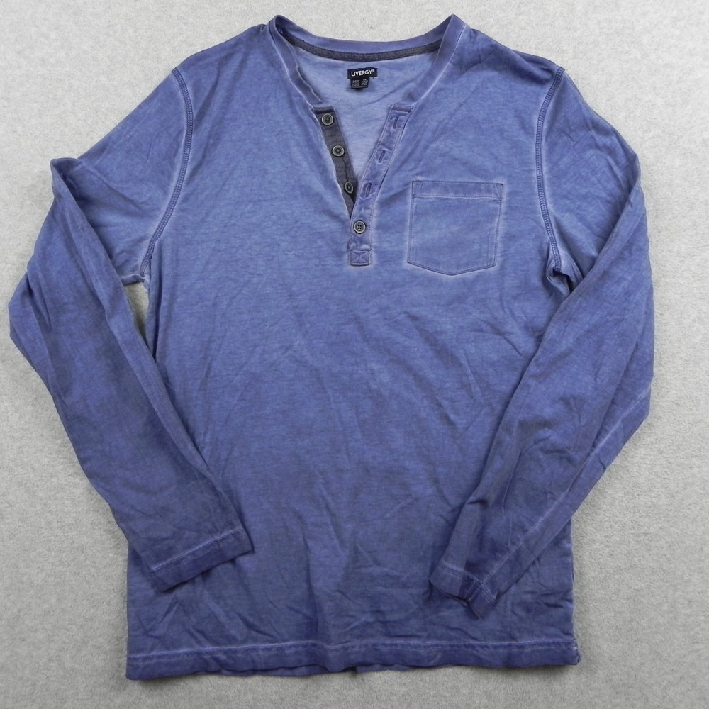Livergy Henley Shirt Mens Medium Washed Indigo Casual Pocket Blue Long Sleeve